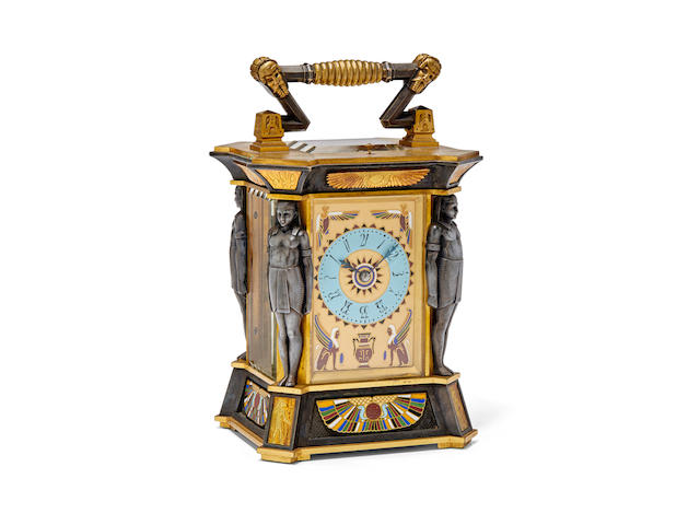 A remarkable patinated, gilt and cloisonn&#233; enamel Egyptian Revival repeating carriage clockLate 19th century
