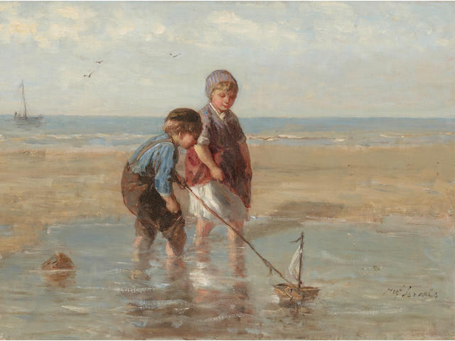 Jozef Israels (Dutch, 1824-1911) The toy sailboat 15 1/4 x 22in (38.8 x 55.9cm)