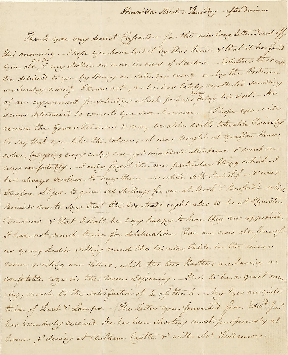 AUSTEN, JANE. 1775-1817. Autograph Letter Signed ("J. Austen"), to her sister Cassandra, discussing their brother Edward's china from Wedgwood's, music lessons, the children's dentistry, and Mrs. Tilson's child-bearing among other intimate affairs,
