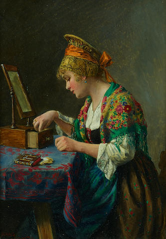 Hans Hamza (Austrian, 1879-1945) Portrait of a young maiden at a dressing table 21 x 15.3cm (8 1/4 x 5 7/8in).