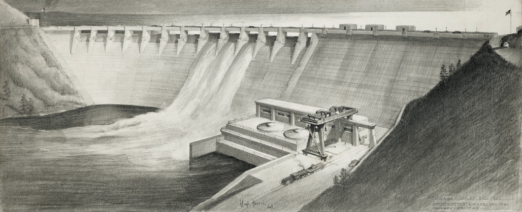 Hugh Ferriss (1889-1962) Architectural Illustration of an American Dam for Hood, Godley & Fouilhoux 19 1/2 x 33 3/4in (49.5 x 85.7cm) (Executed in 1942.) image 1
