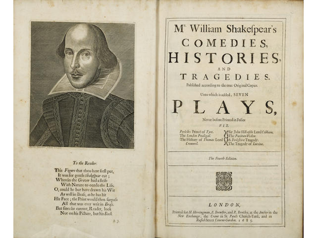 SHAKESPEARE, WILLIAM. 1564-1616. Comedies, Histories, and Tragedies. Published according to the true Original Copies. Unto which is added, Seven Plays, never before Printed in Folio. London: [Robert Roberts and others for] H. Herringman, E. Brewster, and R. Bentley, 1685.