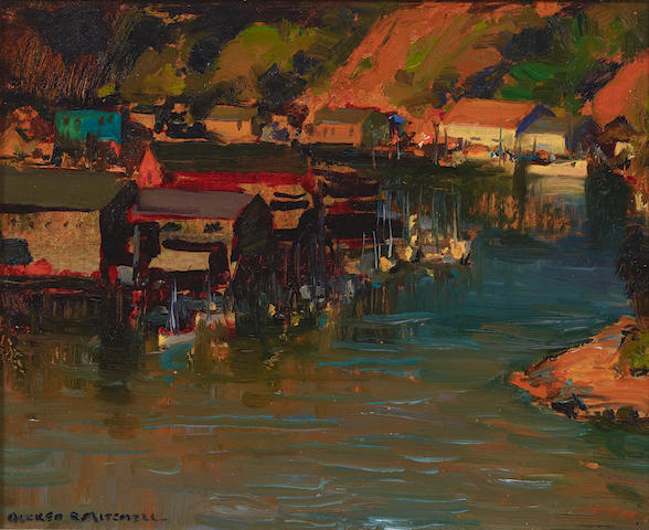 Alfred R. Mitchell (1888-1972) Boats at Noyo 8 x 10in (Painted in 1955.)