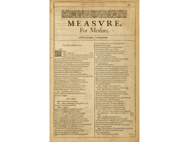 SHAKESPEARE, WILLIAM. 1564-1616. Measure, for Measure [Extracted from the First Folio]. [London: Isaac Jaggard..., 1623.]
