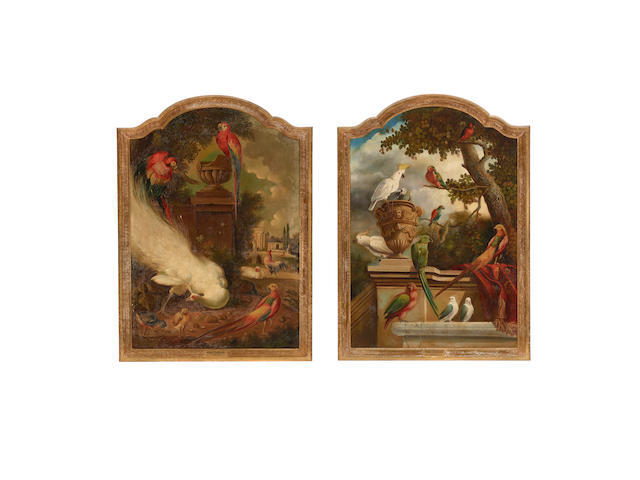 Manner of Melchior  d'Hondecoeter A peacock and other exotic birds in a garden landscape; and a companion painting (a pair) each 45 1/4 x 31 1/2in (114.9 x 80cm)