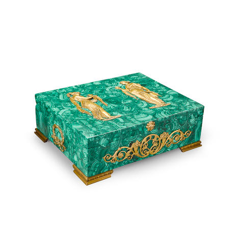 Elegant, Large Malachite Box with two Plaques of Classical Figures