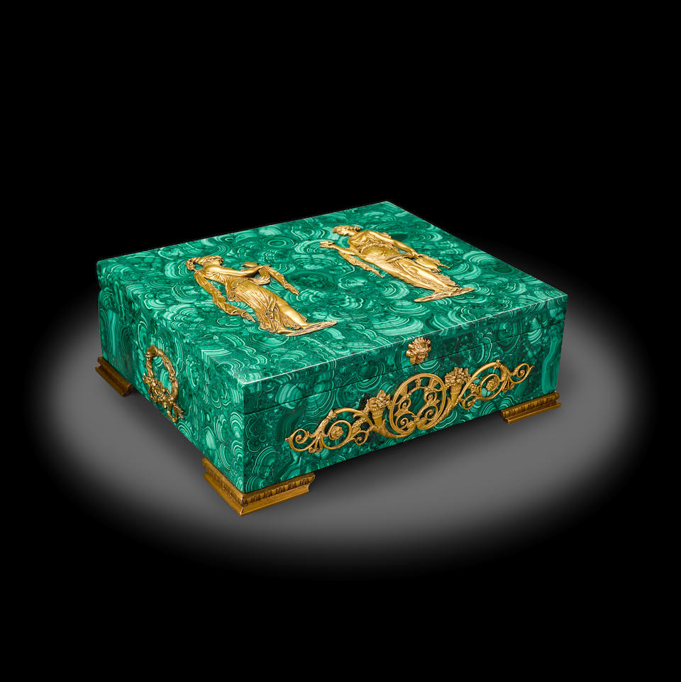 Elegant, Large Malachite Box with two Plaques of Classical Figures