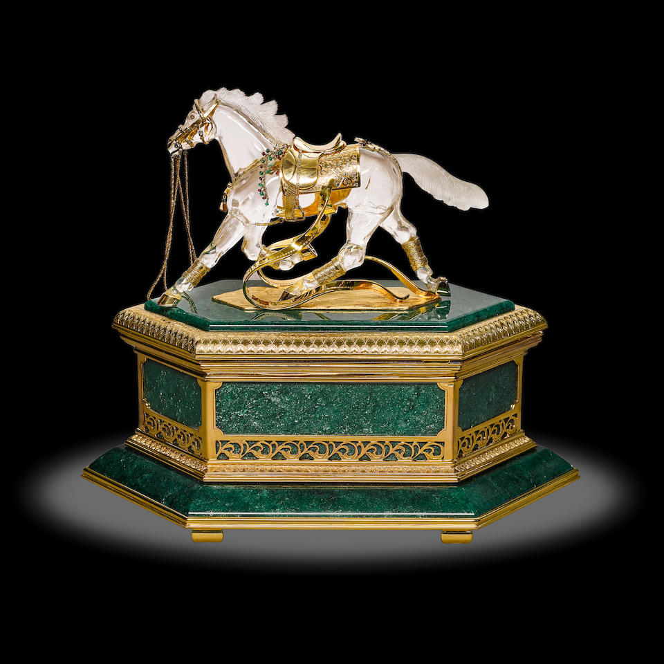 Rock Crystal Carving of a Horse on an Aventurine Quartz and Silver-Gilt Base