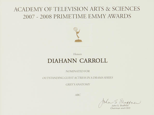 An Emmy Award&#174; nomination certificate for Grey's Anatomy