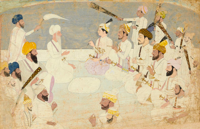 A DARBAR SCENE WITH SANSAR CHAND OF KANGRA AND JAI SINGH KANHAIYA ATTRIBUTED TO BASSIA OR SHIBA KANGRA, EARLY 19TH CENTURY
