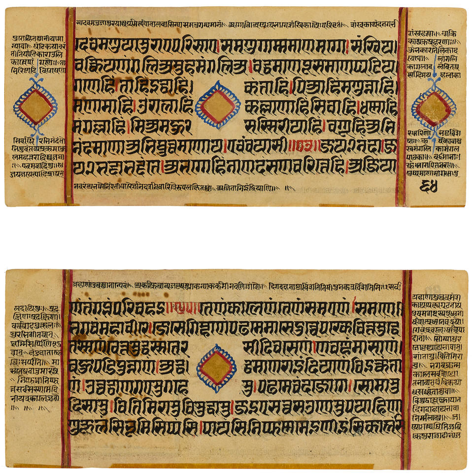 TWO DOUBLE-SIDED FOLIOS FROM A KALPA SUTRA MANUSCRIPT GUJARAT, MID-15TH CENTURY