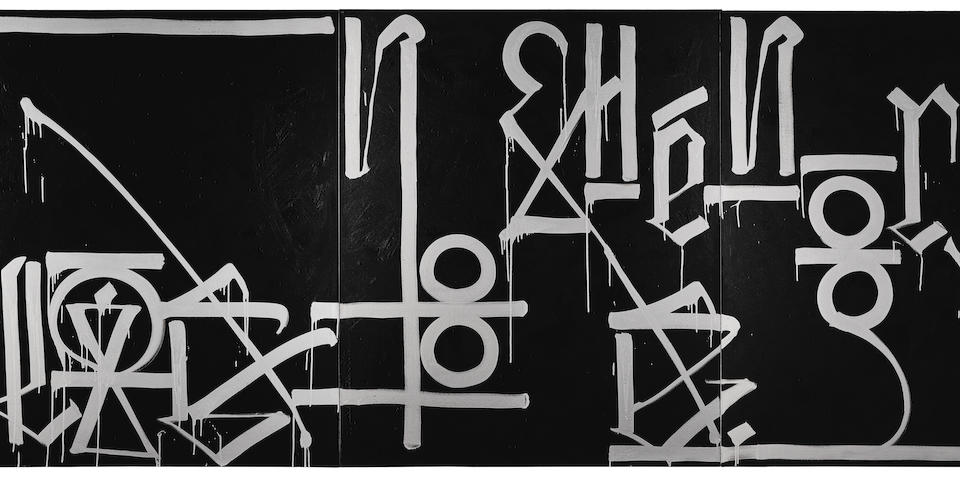 RETNA (born 1979) Untitled (Triptych)circa 2007acrylic on canvas, signed along lower right edgeeach canvas 72 x 60in (182.9 x 152.3cm); overall 72 x 180in (182.9 x 457.2cm)