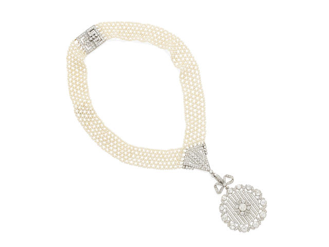 A platinum, seed pearl and diamond necklace, France,