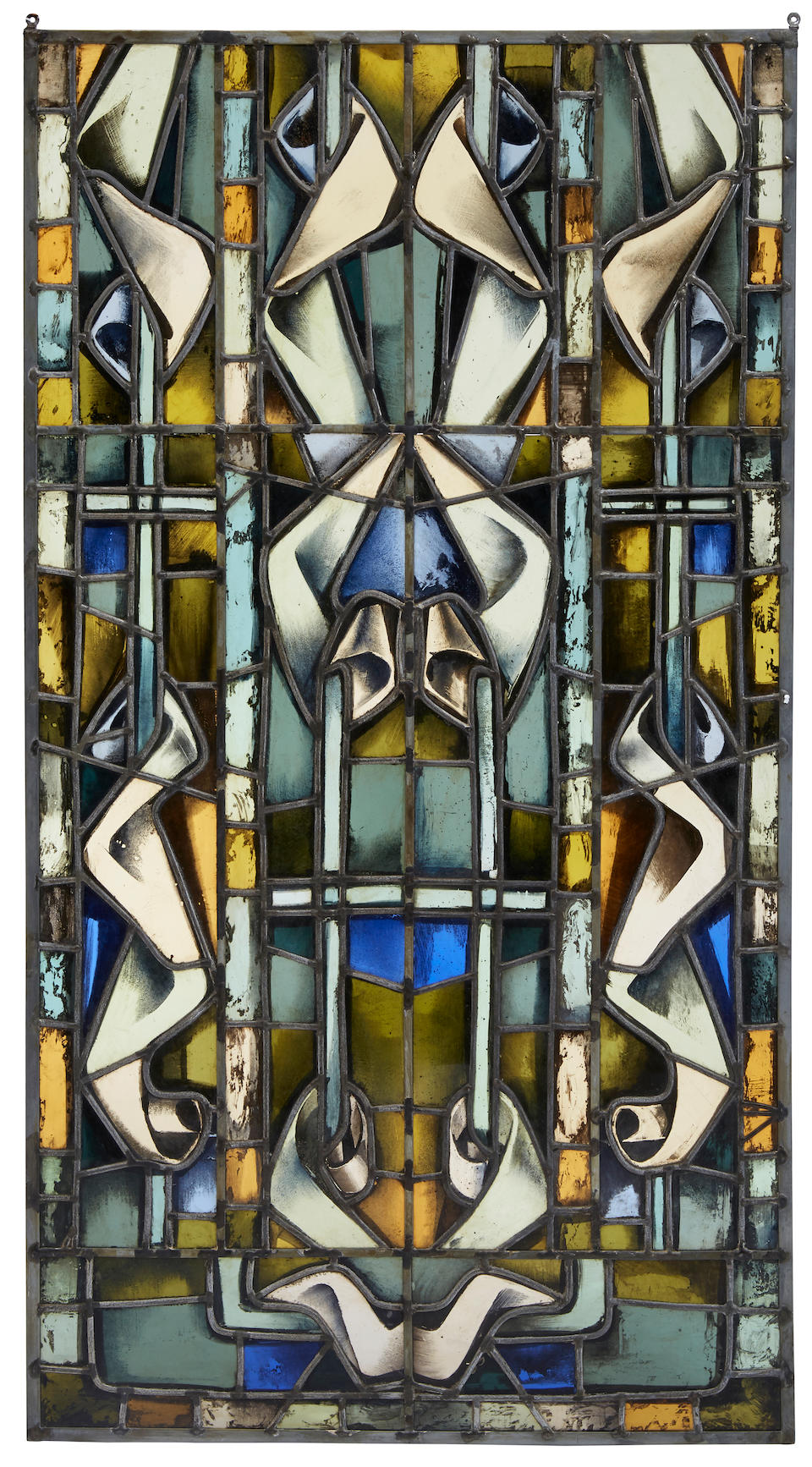 Max Ingrand (1908-1969) Group of Four Windowscirca 1950painted, stained and leaded glass, three windows etched in lower right corner 'MAX INGRAND MADE IN FRANCE'height of largest 51 1/4in (130.1cm); width 28in (71.1cm); depth 1/4in (.6cm)