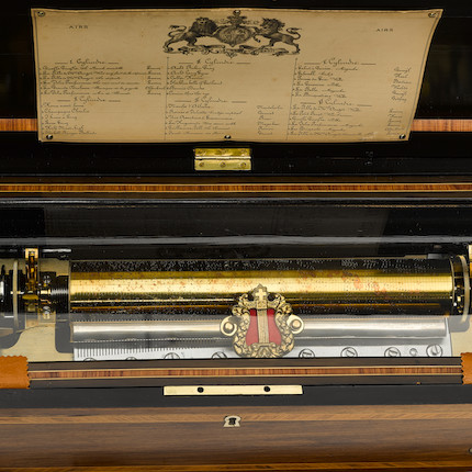 A SWISS PART EBONIZED AND INLAID WOOD MUSIC BOX ON STAND WITH SIX CYLINDERS19th century image 3