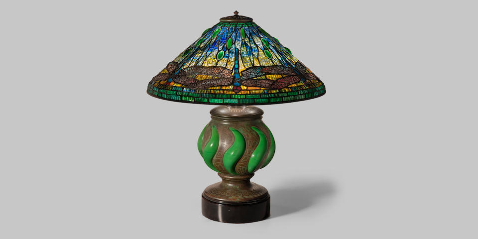 Tiffany Studios (1899-1930) Early Dragonfly Table Lamp1900-01 leaded glass, patinated bronze, blown glass, interior of base stamped '25924'height 24 1/2in (62cm); diameter of shade 20 1/2in (52cm)