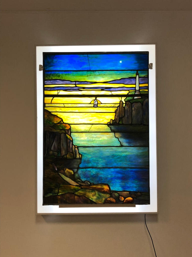 American Arts & Crafts Tennyson Window1923for the First Presbyterian Church of Santa Monica, leaded glassheight 60 1/4in (153cm); width 42in (106.6cm); depth 1/2in (1.2cm)