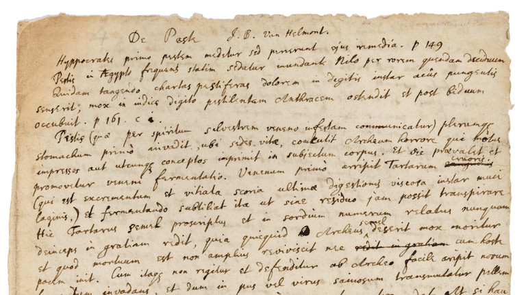 ISAAC NEWTON ON THE PLAGUE. NEWTON, ISAAC. 1642-1726/7. Autograph Manuscript, being Newton's notes on reading Van Helmont's De Peste, image 2