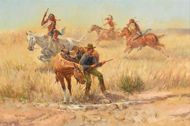 Joe Neil Beeler (1931-2006) Ambush at the Spring 24 x 36in framed 32 x 42in (Painted circa 1961.)