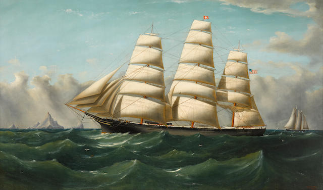 William Alexander Coulter (1849-1936) Clipper Ship Three Brothers (ex-Vanderbilt) 30 1/8 x 50 1/4in framed 39 x 59in (Painted in 1873.)