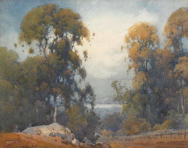 Percy Gray (1869-1952) Trees by a rock outcropping with water in the distance 15 x 19 1/4in framed 26 x 30in (Painted in 1924.)