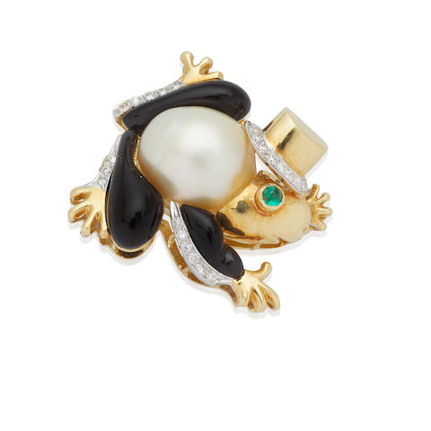 Gold, Cultured Baroque Pearl, Onyx and Diamond Brooch