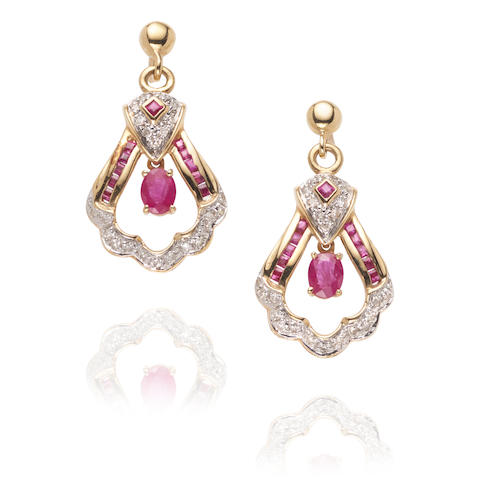 Pair of Gold, Ruby and Diamond Pendant Earrings