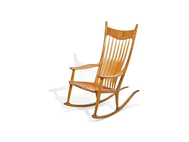Sam Maloof (1916-2009) Rocking Chair2005fiddleback maple and ebony, signed, titled and dated 'No. 2 2005/ Sam Maloof d.f.a. r.i.s.d.', initialed 'M.j. l.w. d.w.', and inscribed 'Made for Denny Murphy' underneath the seatheight 47 1/2in (120cm); width 26 1/4in (66.5cm); length 45in (114.3cm)