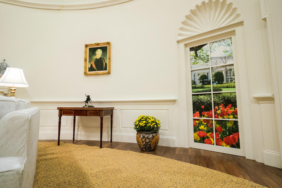 THE OVAL OFFICE. A full-scale facsimile of the Oval Office, measuring 27 x 31 feet, and 13 1/2 feet high,