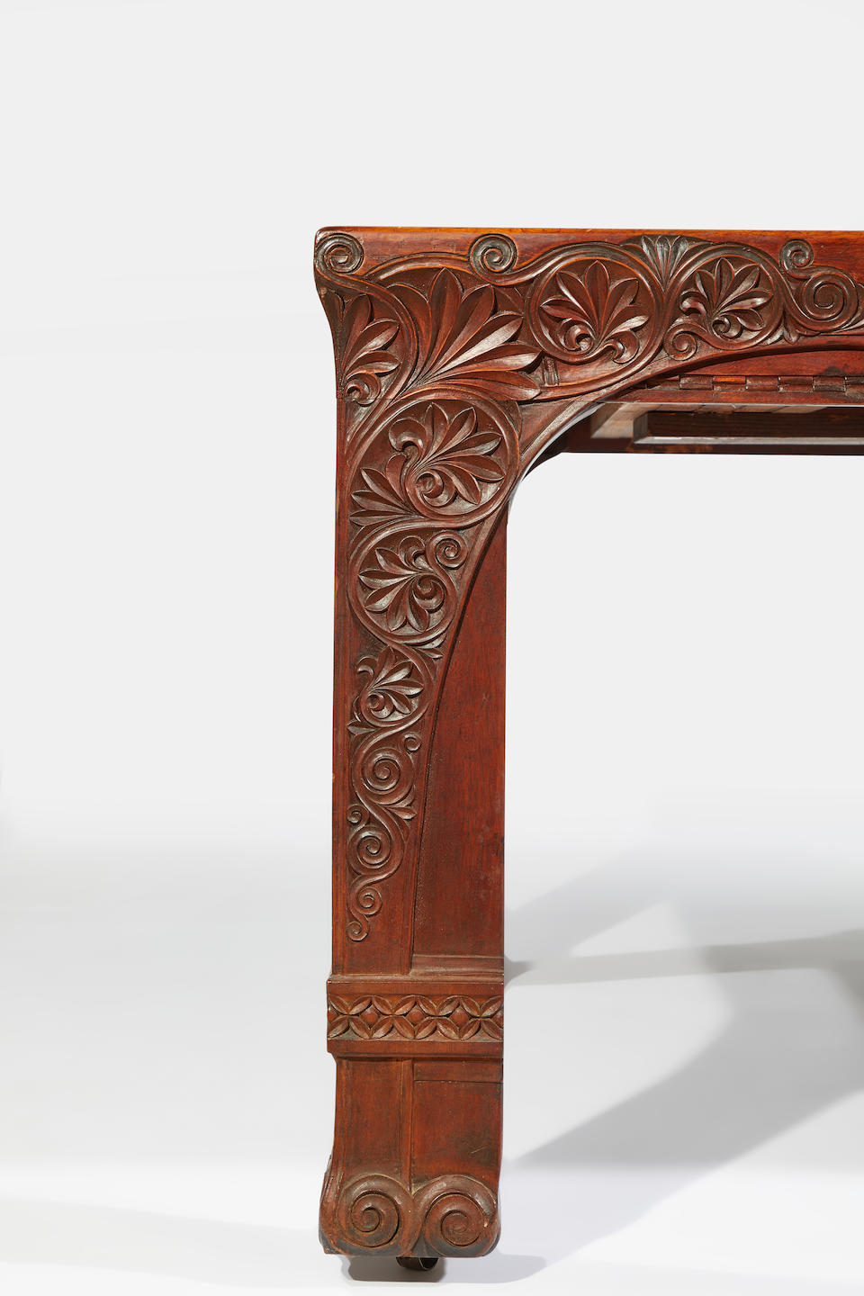 Isaac Scott (1845-1920) Dining table1894carved walnut, signed "Isaac Scott" and dated 1894 to one leg, with four additional leavesheight 30 1/2in; width 121in (extended); depth 54in