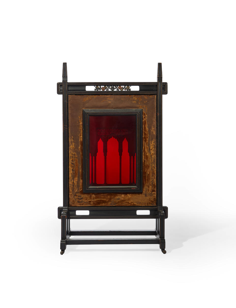 Herter Brothers (1864-1906); attributed to Fire Screencirca 1880-1900carved and ebonized cherry, glass, alabaster, velvet and embroidered textile, on castersheight 56in (142cm); width 33 1/2in (85cm); depth 16in (41cm)