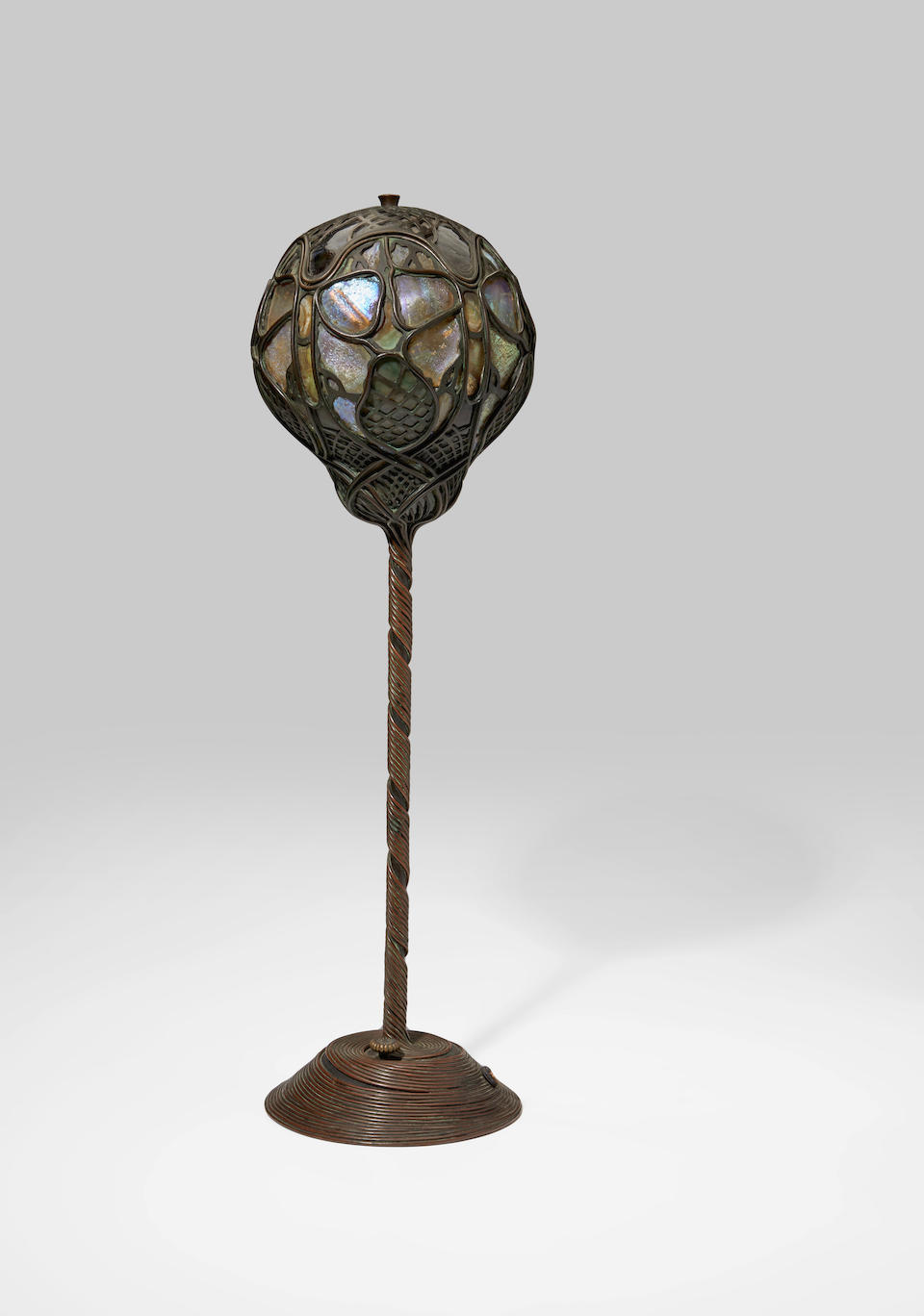 Tiffany Studios (1899-1919) Rare and Unusual Butterfly Table Lamp1897-98patinated bronze filigree, Favrile glass, apparently unmarkedheight 22in (55.5cm); diameter 6in (15cm)