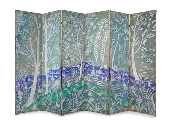 Robert Winthrop Chanler (1872-1930) Six Panel Screencirca 1915purportedly for the Harriman Family,painted fabric on wood framesheight 9ft (274cm);  width 14 ft (427cm); depth 1in (2.5cm) image 1