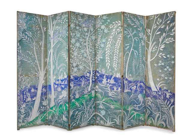 Robert Winthrop Chanler (1872-1930) Six Panel Screencirca 1915purportedly for the Harriman Family,painted fabric on wood framesheight 9ft (274cm);  width 14 ft (427cm); depth 1in (2.5cm)
