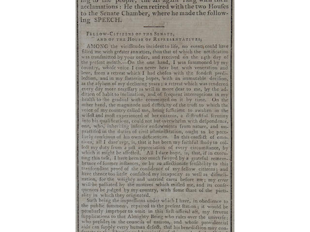 WASHINGTON'S FIRST INAUGURAL ADDRESS. Gazette of the United States, No. 6. New York: John Fenno, May 2, 1789.