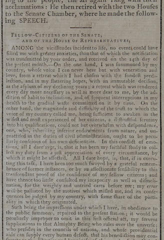 WASHINGTON'S FIRST INAUGURAL ADDRESS. Gazette of the United States, No. 6. New York: John Fenno, May 2, 1789.