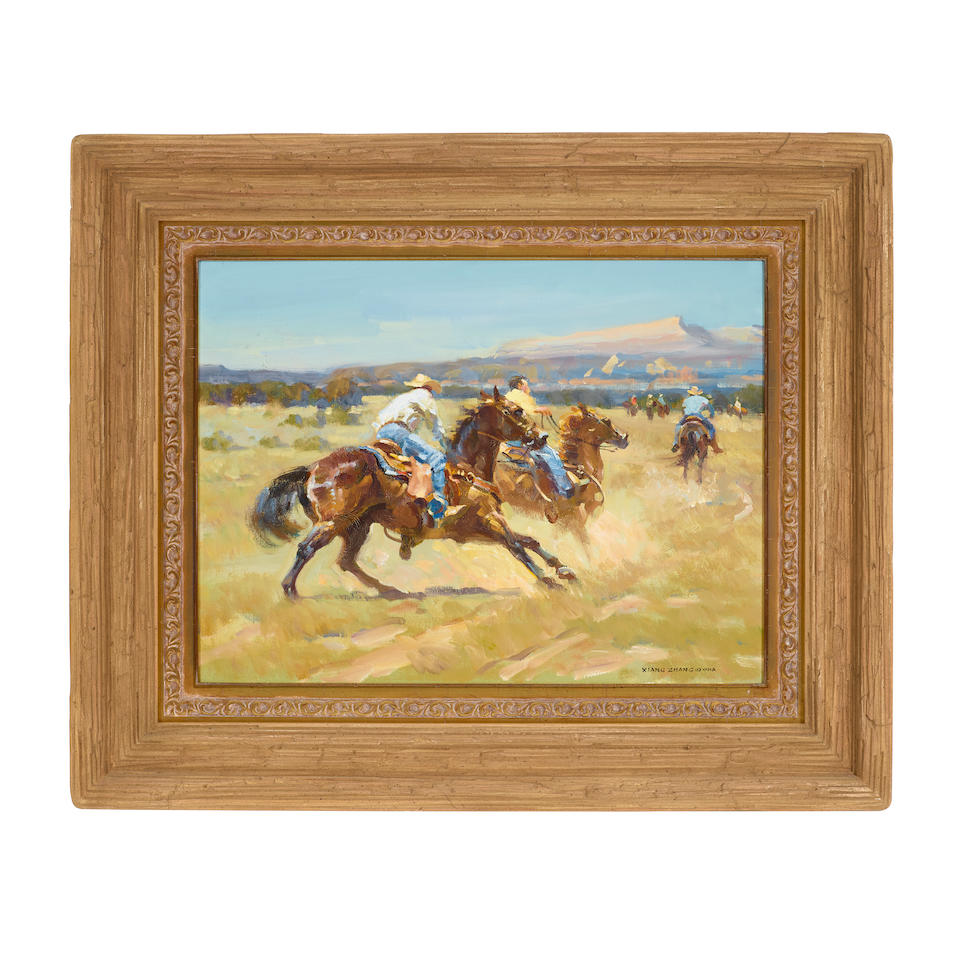 Xiang Zhang (born 1954) Racing on Horseback 18 x 24in framed 29 x 35in (Painted in 2002.)
