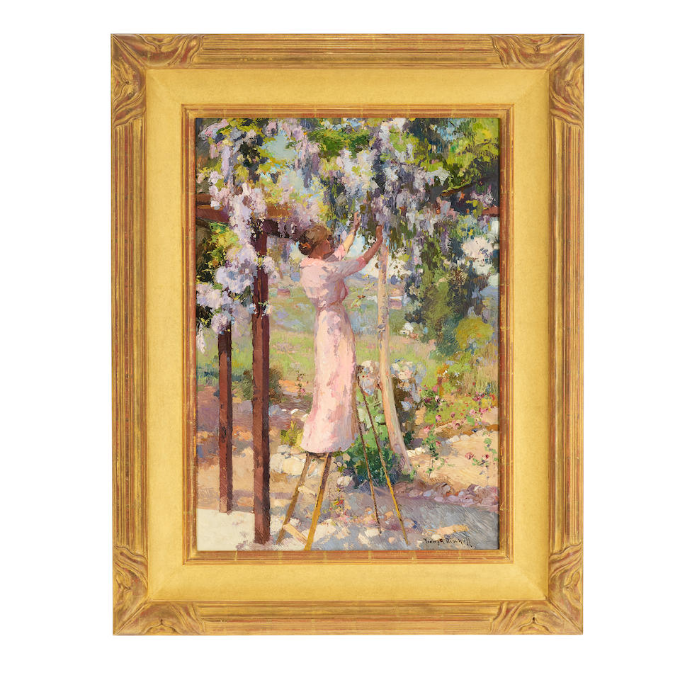 Franz Arthur Bischoff (1864-1929) Trimming the Wisteria (in Bischoff's backyard) 30 x 21in framed 40 x 32in