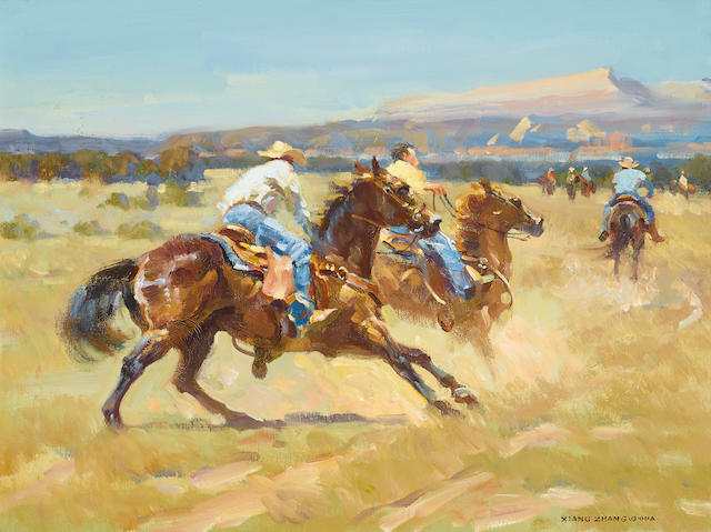 Xiang Zhang (born 1954) Racing on Horseback 18 x 24in framed 29 x 35in (Painted in 2002.)