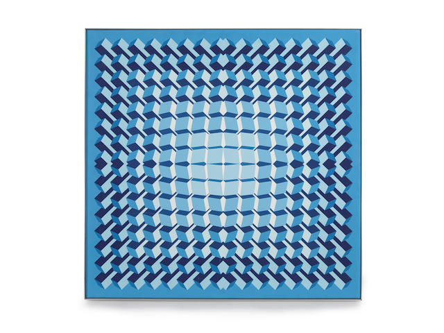 Jean-Pierre Vasarely (Yvaral) (1934-2002) Cristallisation Bleue1972acrylic on canvas, signed 'Yvaral' lower center, signed, titled, dated and numbered 'No 1318' verso39 1/2 x 39 1/2in (100.3 x 100.3cm)