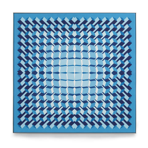 Jean-Pierre Vasarely (Yvaral) (1934-2002) Cristallisation Bleue1972acrylic on canvas, signed 'Yvaral' lower center, signed, titled, dated and numbered 'No 1318' verso39 1/2 x 39 1/2in (100.3 x 100.3cm)