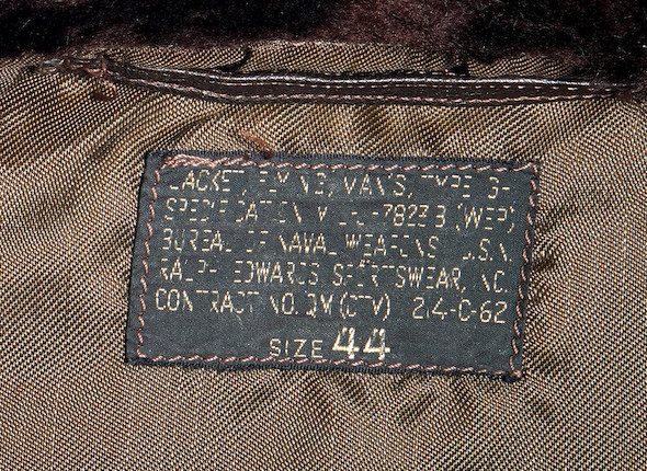 J.F.K.'S AIR FORCE ONE BOMBER JACKET GIVEN TO DAVID POWERS. An original U.S. Government issue G-1 flight jacket, with sewn patch of the Seal of the President of the United States over the right breast, originally owned by President John F. Kennedy and gifted to David Powers circa 1962-1963, image 5