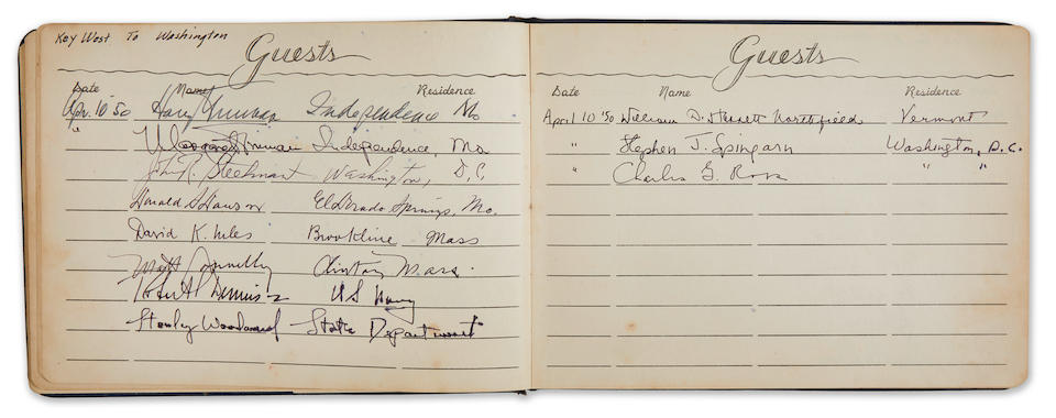 TRUMAN'S PRESIDENTIAL PLANE GUESTBOOK. Guest book from the Truman Presidential airplane SAM-8608 from pilot Chester Moomaw,