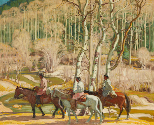 Ernest Martin Hennings (1886-1956) Hunters in the Canyon 30 x 36in framed 35 1/2 x 41 1/2in image 1