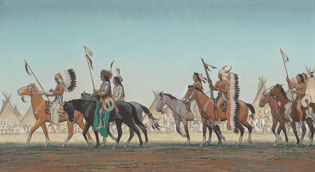Maynard Dixon (1875-1946) Parade of Warriors 13 1/4 x 23 3/4in  framed 30 x 40in (Painted in 1943.)