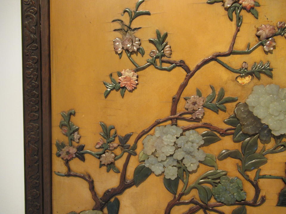 A Pair of Jade and hardstone overlay Lacquer panels  Imperial workshops, 18th century (2)