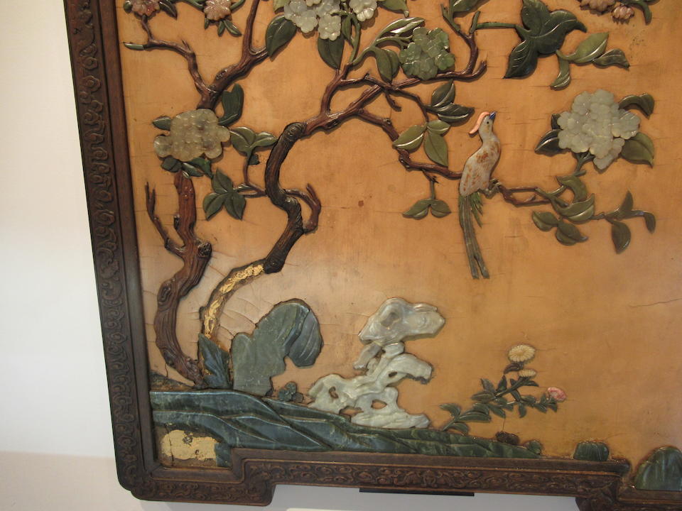 A Pair of Jade and hardstone overlay Lacquer panels  Imperial workshops, 18th century (2)