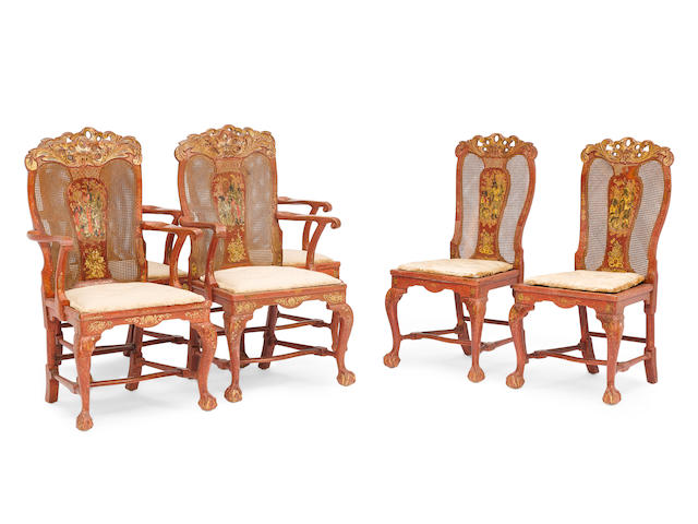A SET OF SIX GEORGE II GILT DECORATED AND RED JAPANNED CHAIRSManner of Giles Grendey, second quarter 18th century