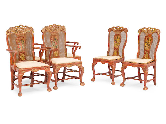 A SET OF SIX GEORGE II GILT DECORATED AND RED JAPANNED CHAIRSManner of Giles Grendey, second quarter 18th century