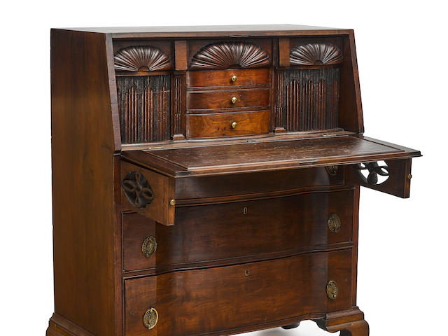 AN IMPORTANT CHIPPENDALE CARVED CHERRY AND WALNUT BLOCK FRONT SLANT LID DESK Attributed to the workshop of John Shearer, Martinsburg, VA, early 19th century
